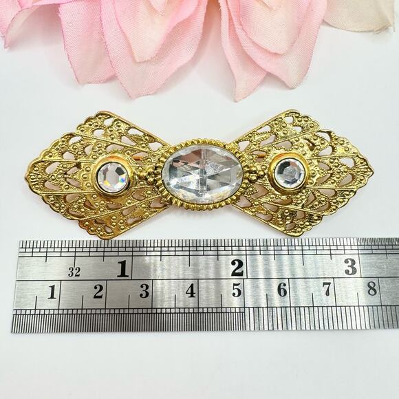 Vintage 1928 Victorian Revival Bow Brooch Openwork Gold Tone Romantic Lace Girly - Picture 7 of 9